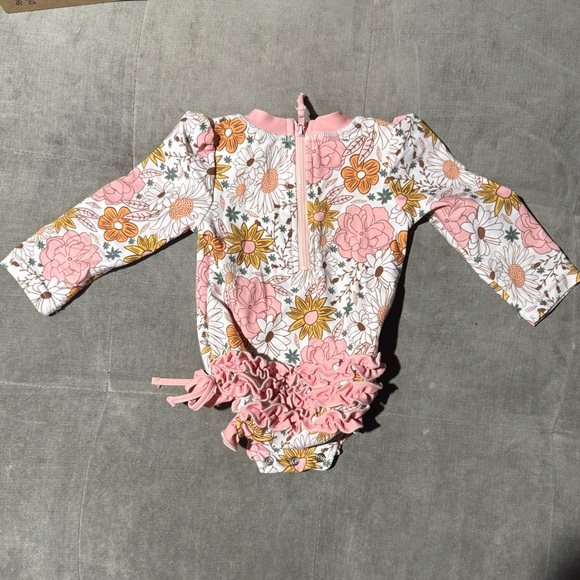Caden Lane Boho Floral Long Sleeve Swimsuit with swim Headband 6-12 Months - Picture 4 of 8